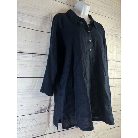 J. Jill  Love Linen Navy Linen Tunic Top  3/4 Knit Sleeve Woven Front - Picture 2 of 13